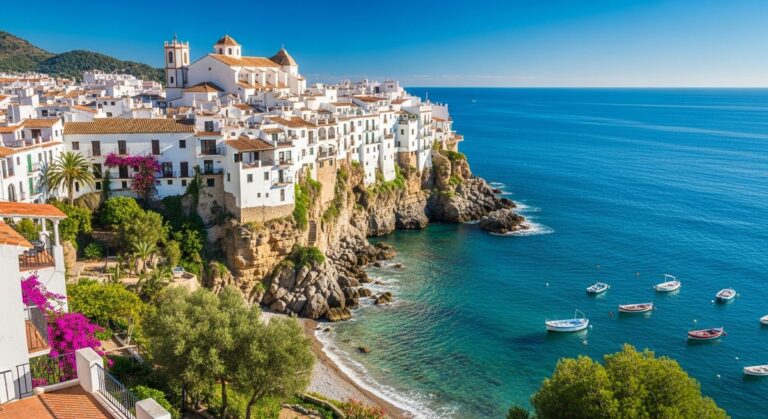 a scenic Spanish coastal town with white buildings and turquoise sea on a day trip from Barcelona