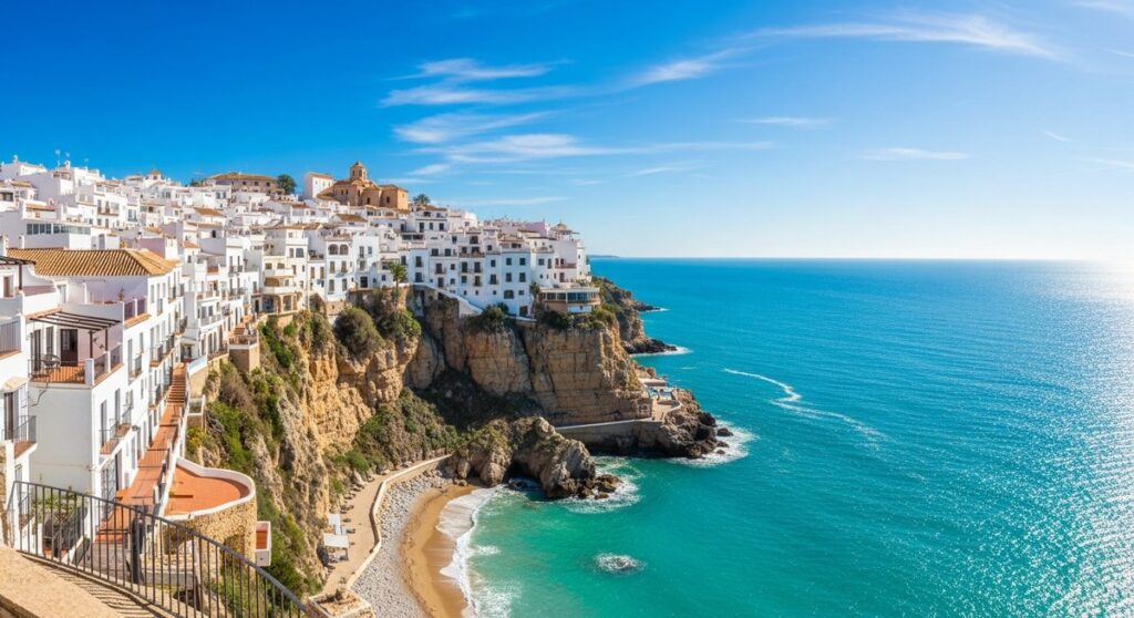 a scenic Spanish coastal town with white buildings and turquoise sea on a day trip from Valencia