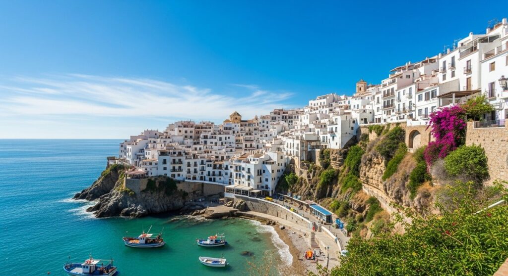 a scenic Spanish coastal town with white buildings and turquoise sea on a day trip from Seville