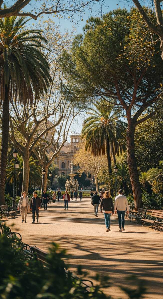 a Barcelona park with lush trees and people walking