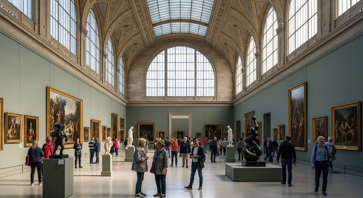 a grand museum interior in Barcelona with visitors