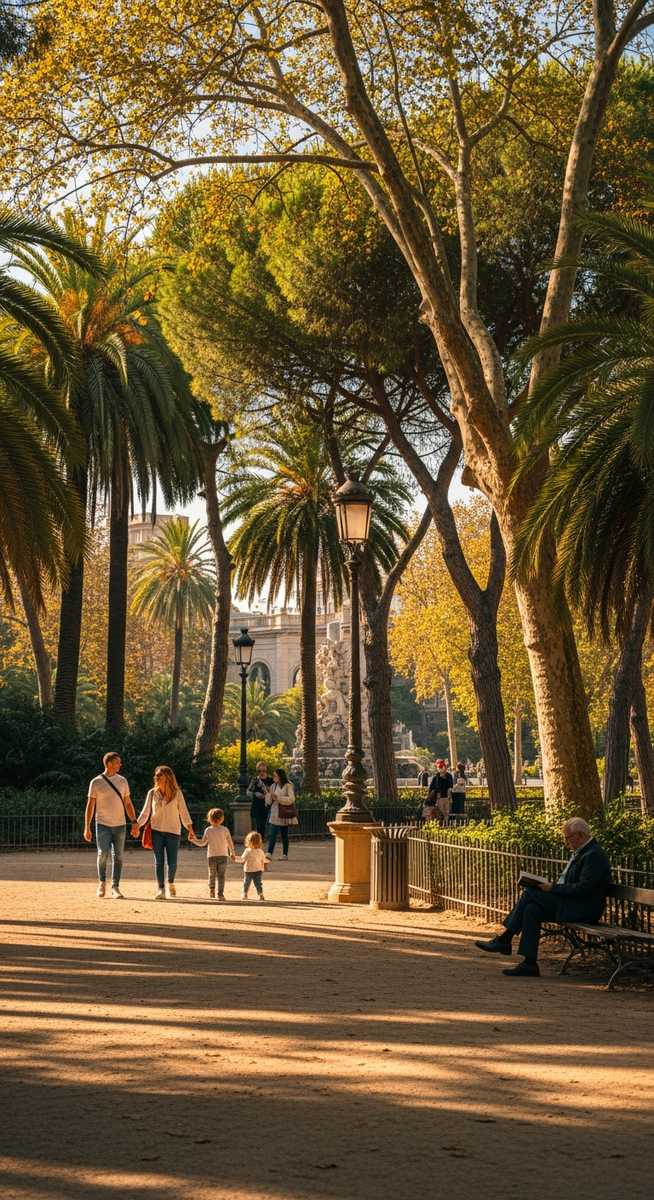 a Barcelona park with lush trees and people walking