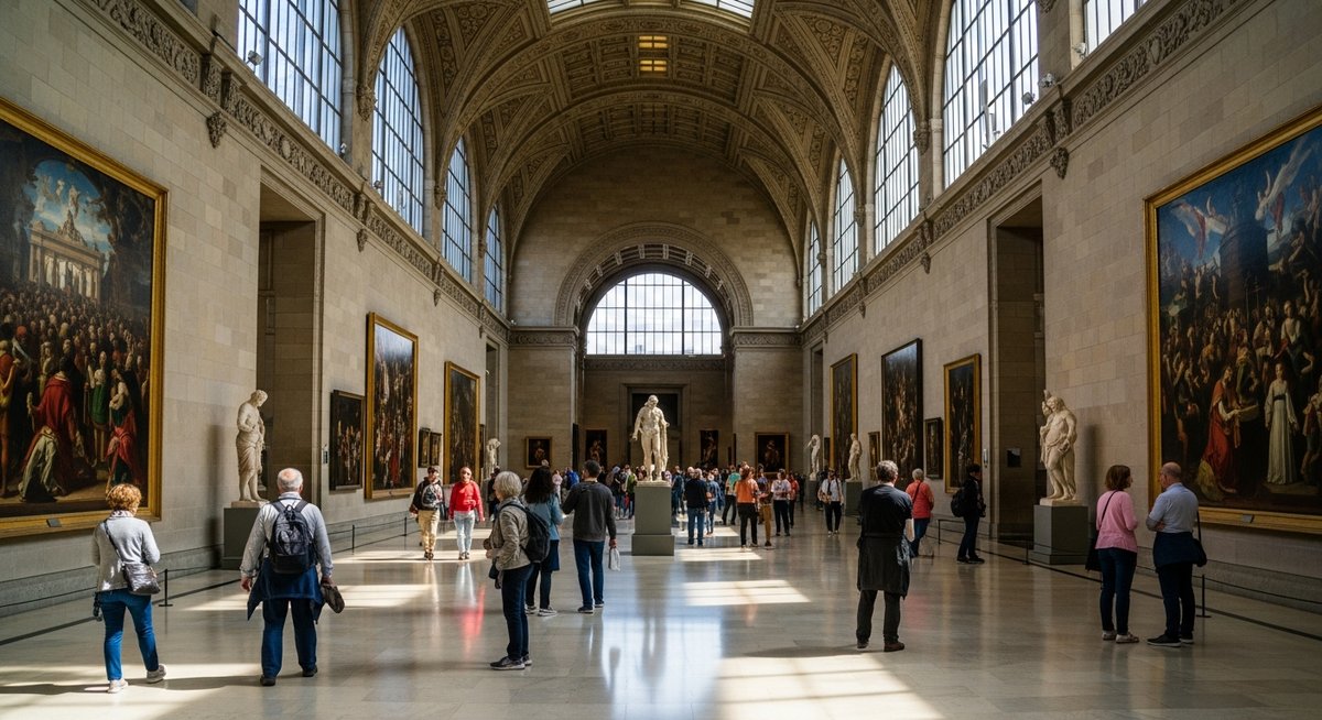 a grand museum interior in Barcelona with visitors