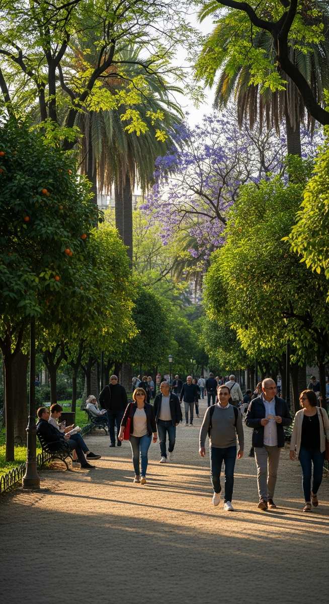 a Valencia park with lush trees and people walking