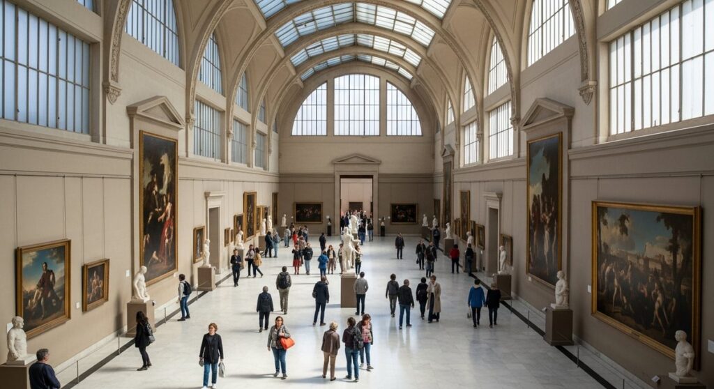 a grand museum interior in Valencia with visitors