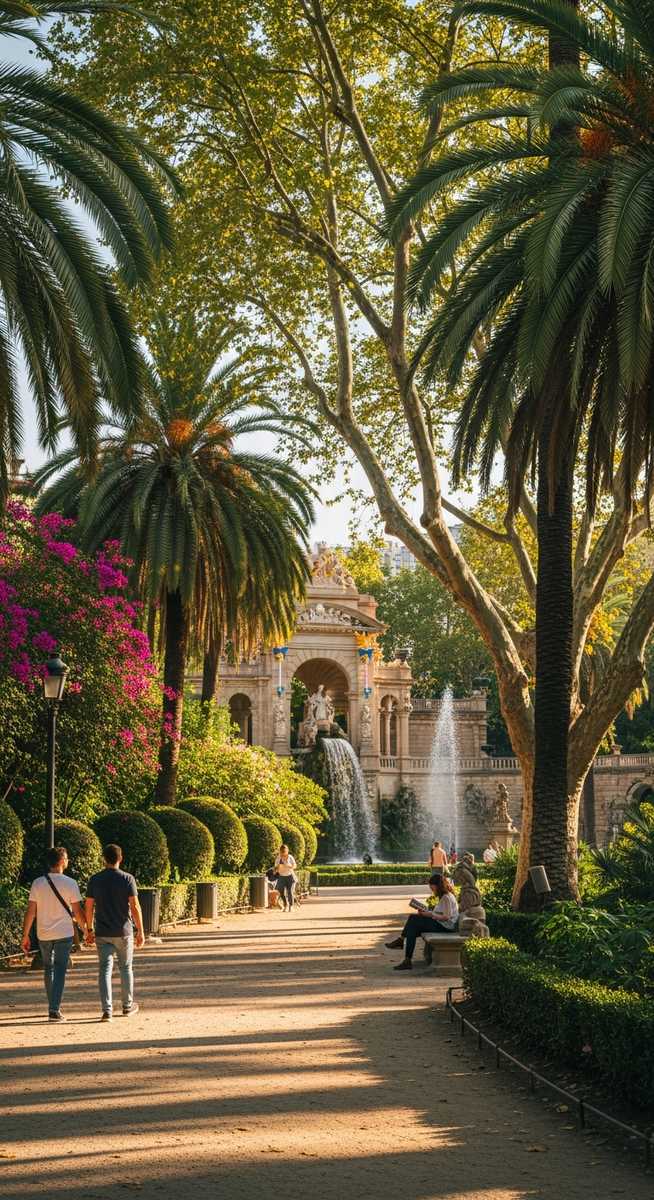 a Barcelona park with lush trees and people walking