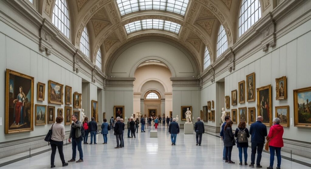 a grand museum interior in Barcelona with visitors