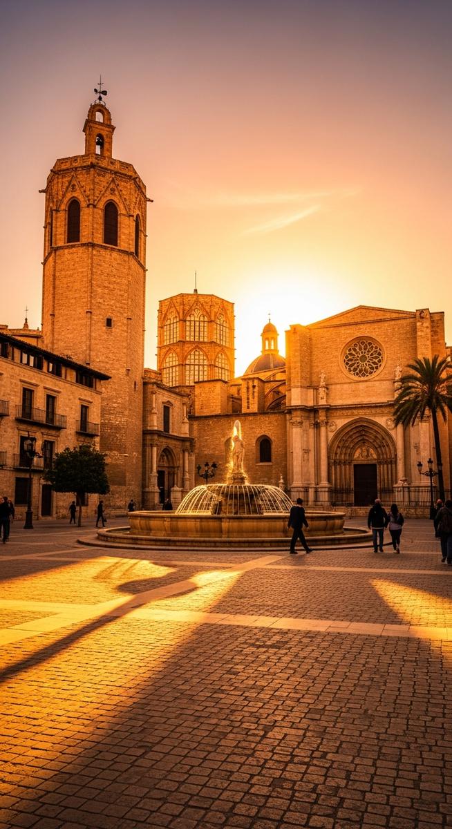 a Valencia plaza at golden hour