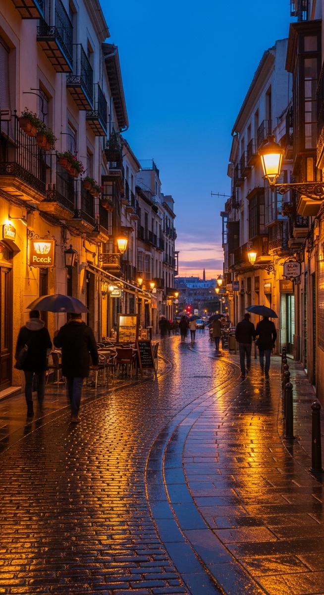 a winding Valencia street at dusk