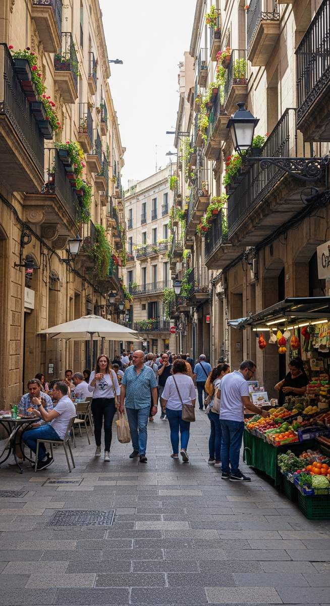 a lively Barcelona street scene showing everyday life