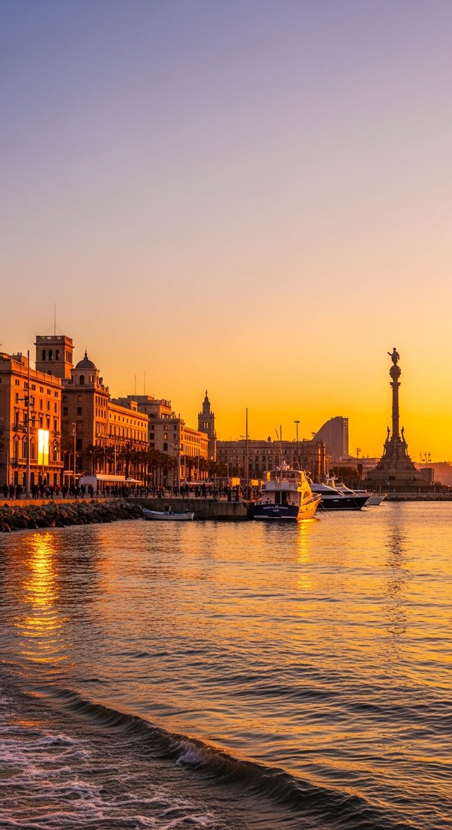 a Barcelona plaza at golden hour