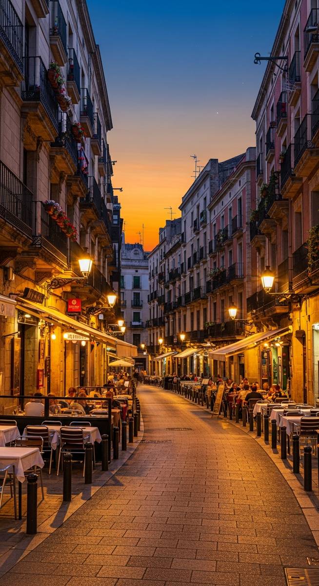 a winding Barcelona street at dusk