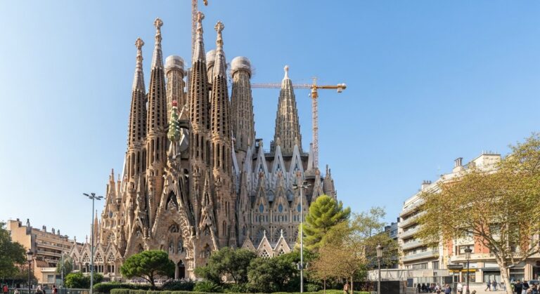 a famous Barcelona landmark from the outside in bright daylight