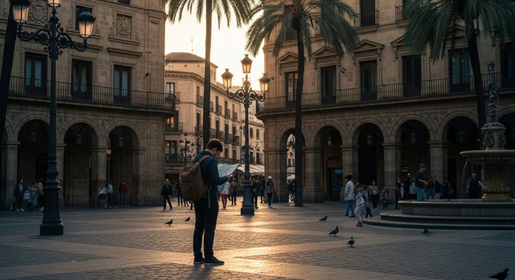 a traveller looking at a map in a Spanish city plaza on a five-day Barcelona itinerary