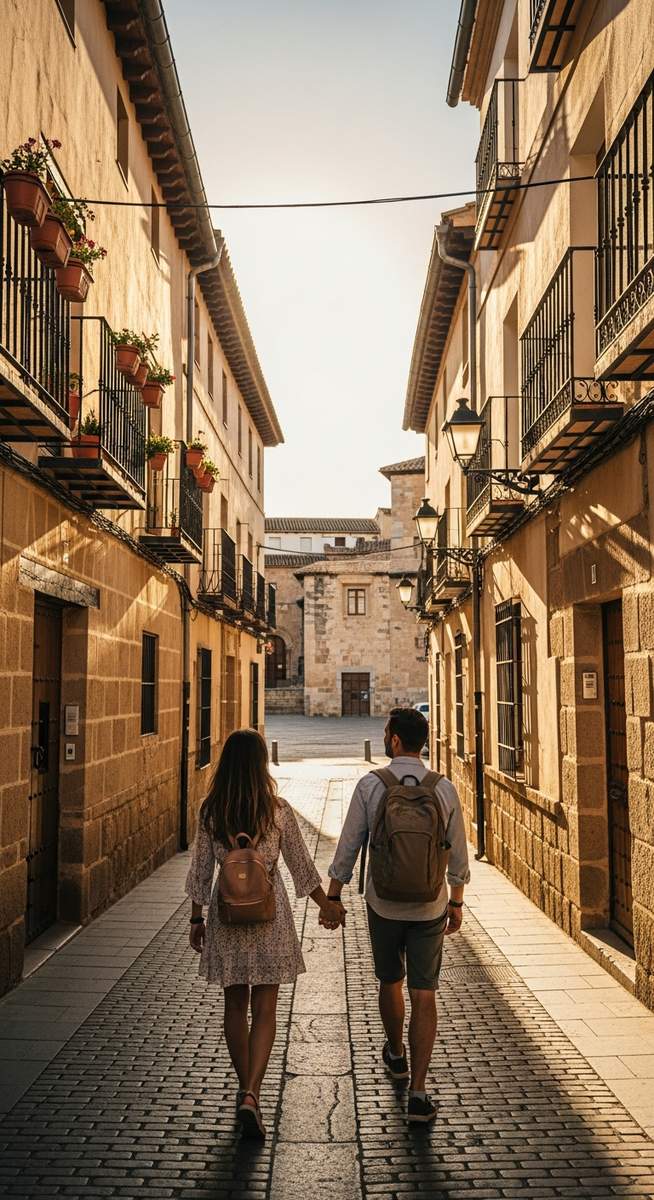 a couple walking through an old-town Spanish street with backpacks on a five-day Barcelona itinerary