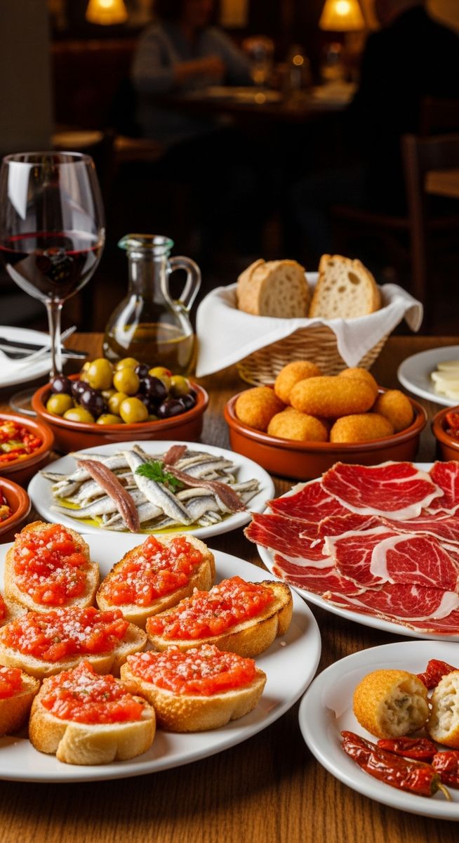 a Spanish tapas spread on a restaurant table on a five-day Barcelona itinerary