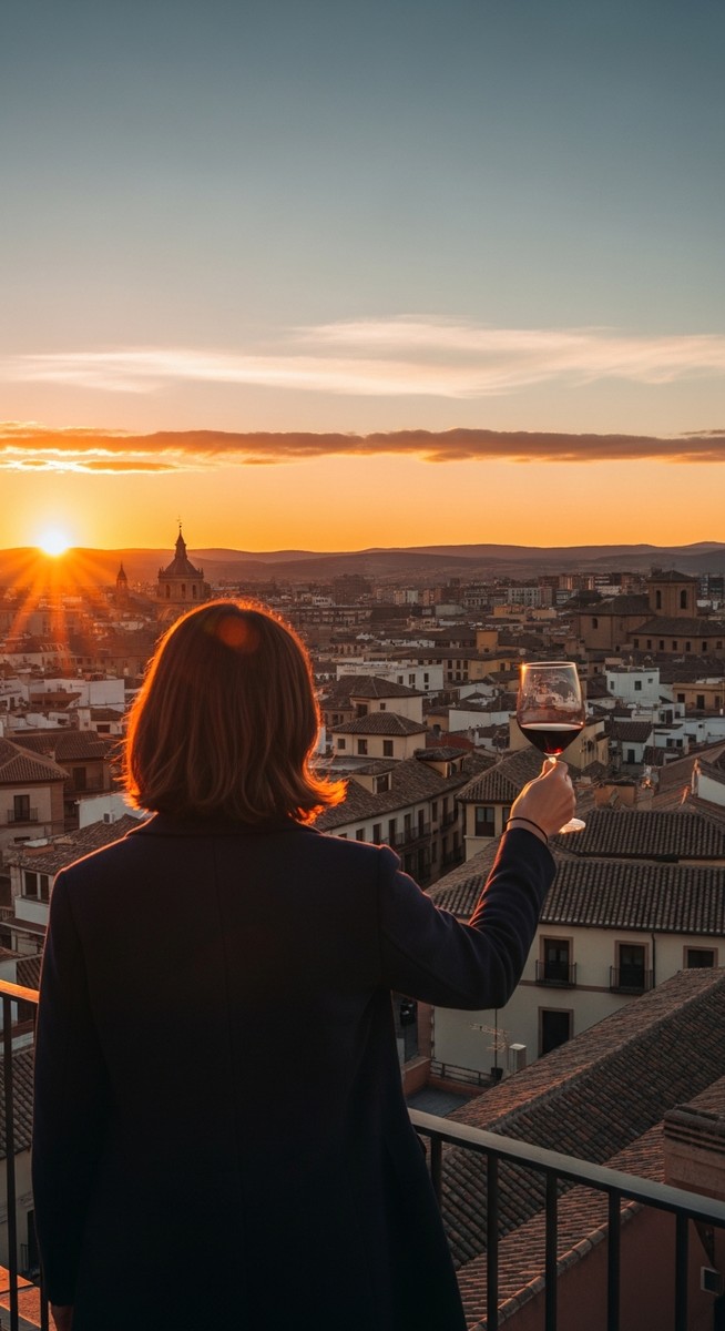 a traveller on a rooftop terrace in Spain at sunset on a five-day Barcelona itinerary