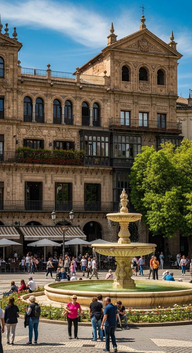 a Spanish plaza at midday with ornate architecture