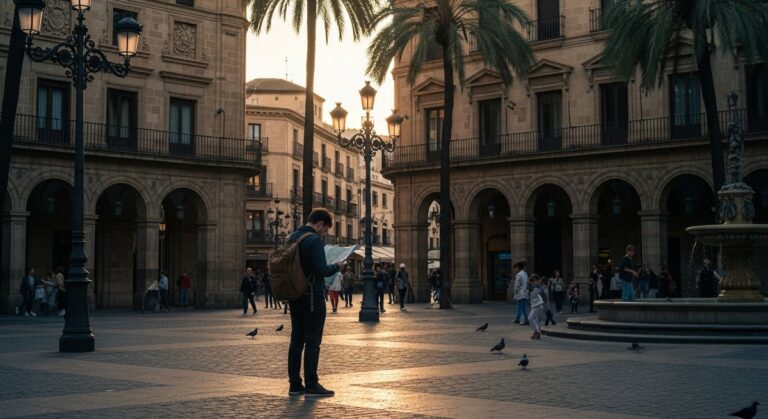a traveller looking at a map in a Spanish city plaza on a five-day Barcelona itinerary