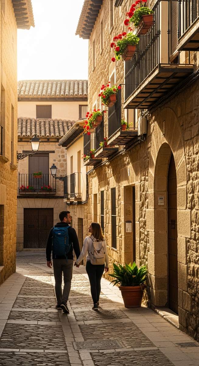 a couple walking through an old-town Spanish street with backpacks on a five-day Barcelona itinerary