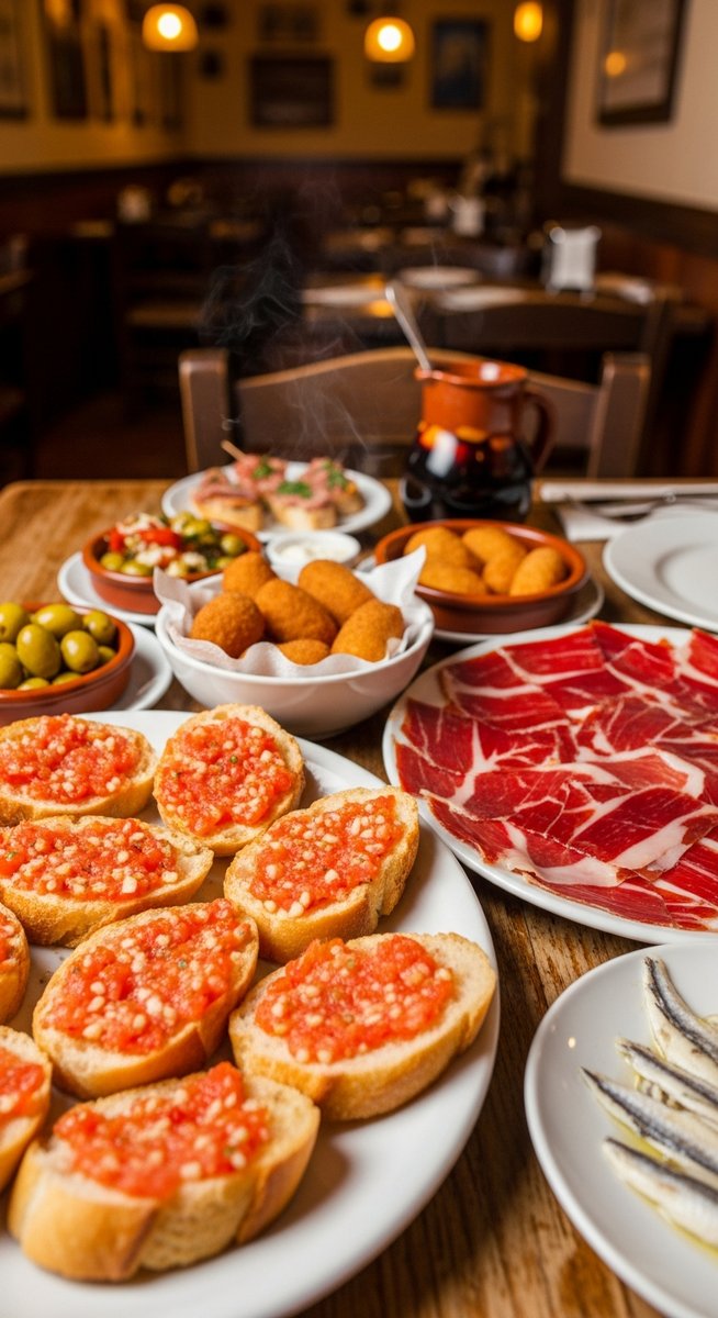 a Spanish tapas spread on a restaurant table on a five-day Barcelona itinerary