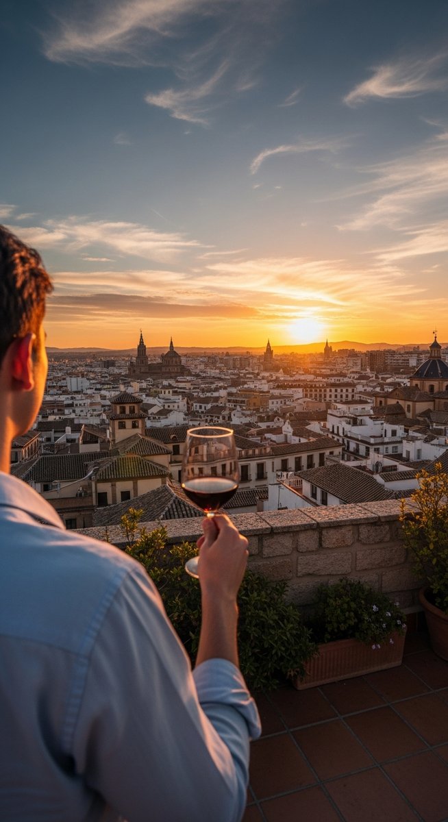 a traveller on a rooftop terrace in Spain at sunset on a five-day Barcelona itinerary