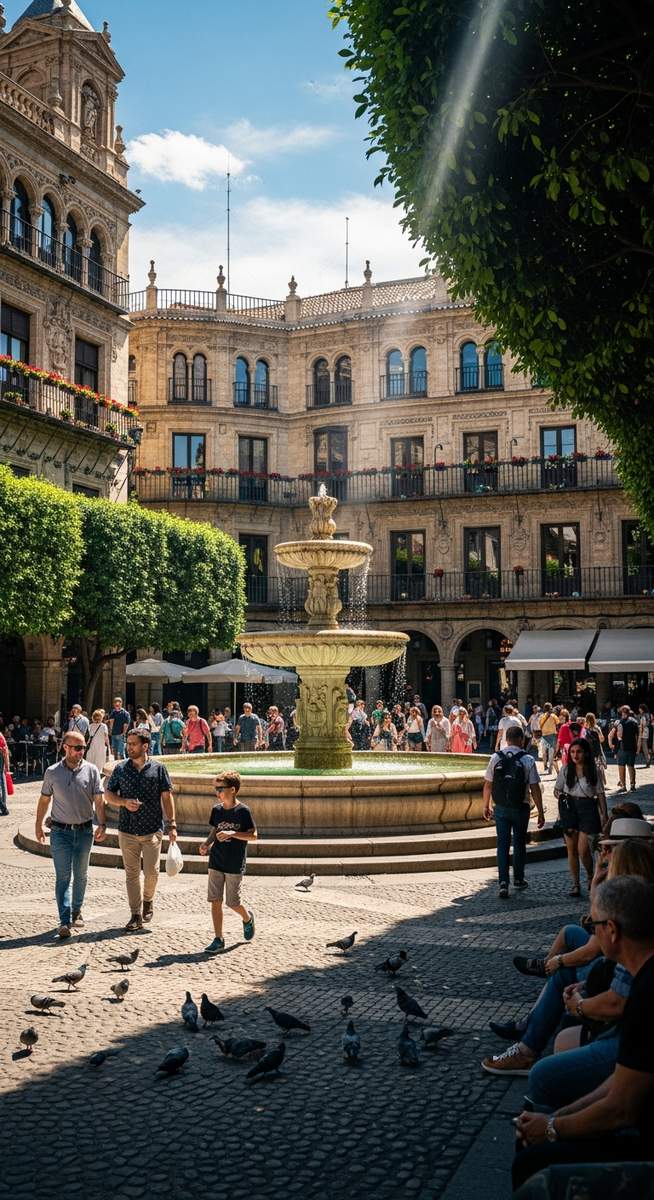 a Spanish plaza at midday with ornate architecture