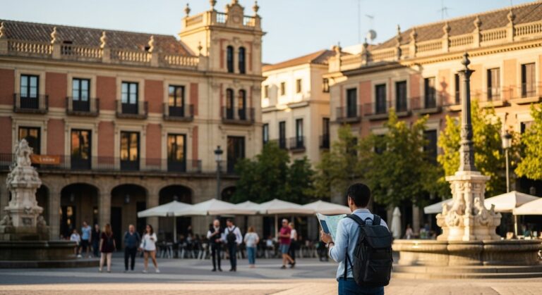 a traveller looking at a map in a Spanish city plaza on a five-day Barcelona itinerary