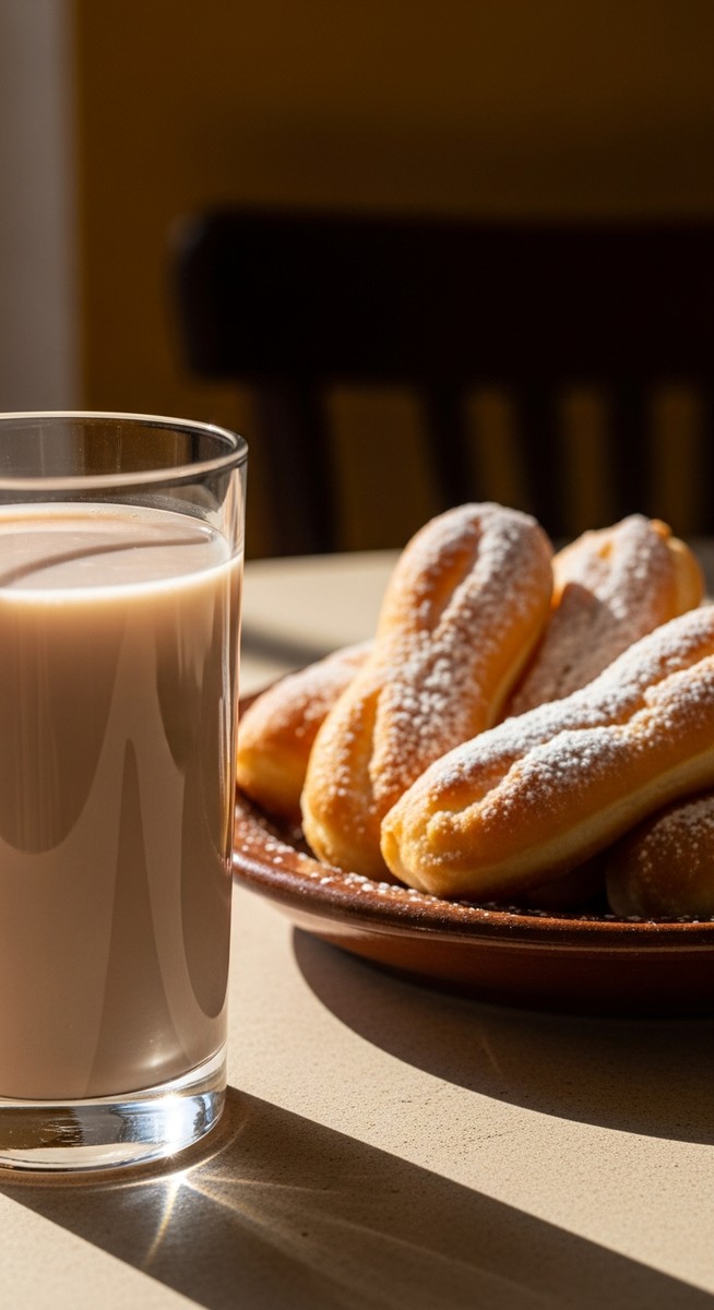 a photo illustrating 2. horchata and fartons in Valencia