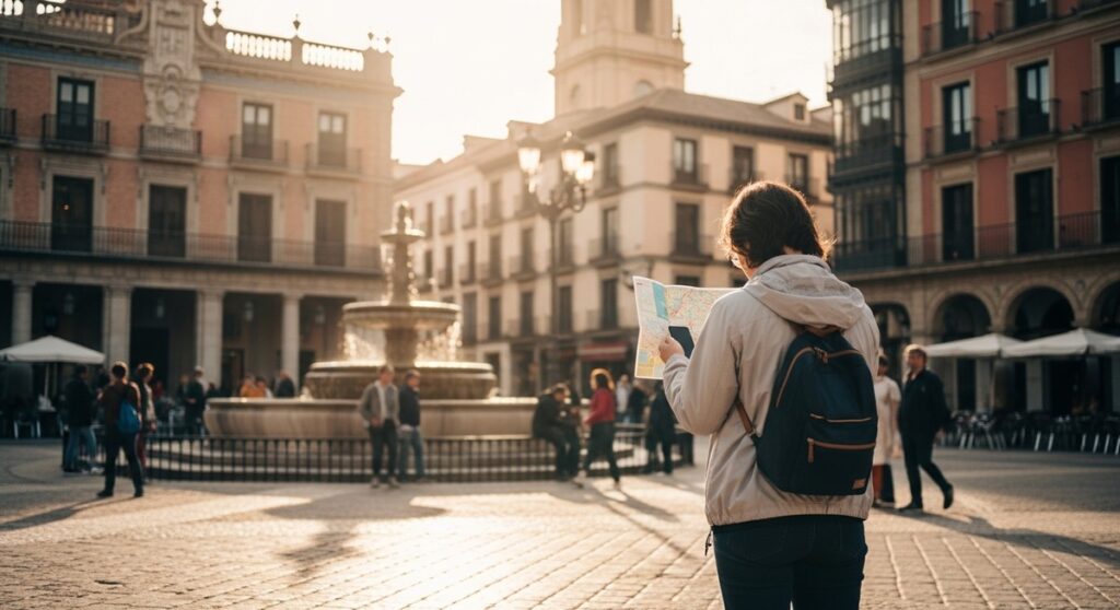 a traveller looking at a map in a Spanish city plaza in Barcelona
