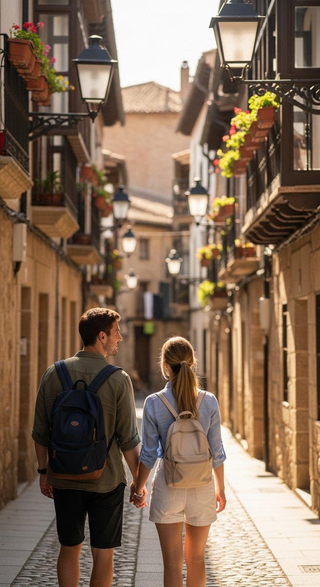 a couple walking through an old-town Spanish street with backpacks in Barcelona