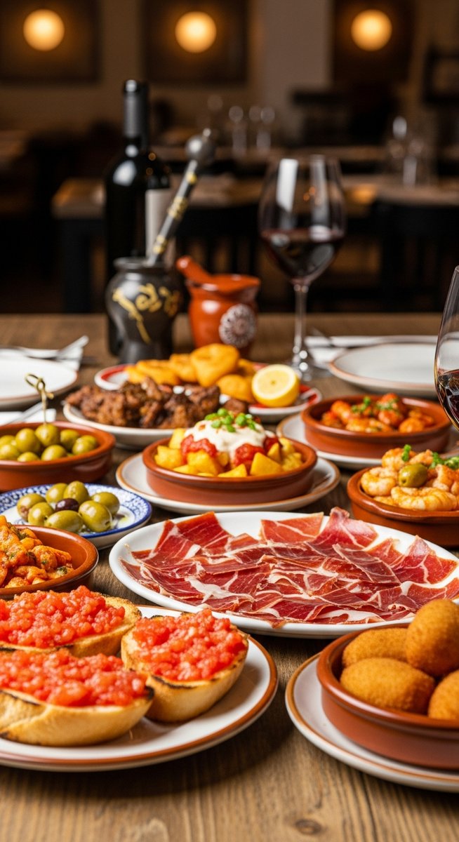a Spanish tapas spread on a restaurant table in Barcelona