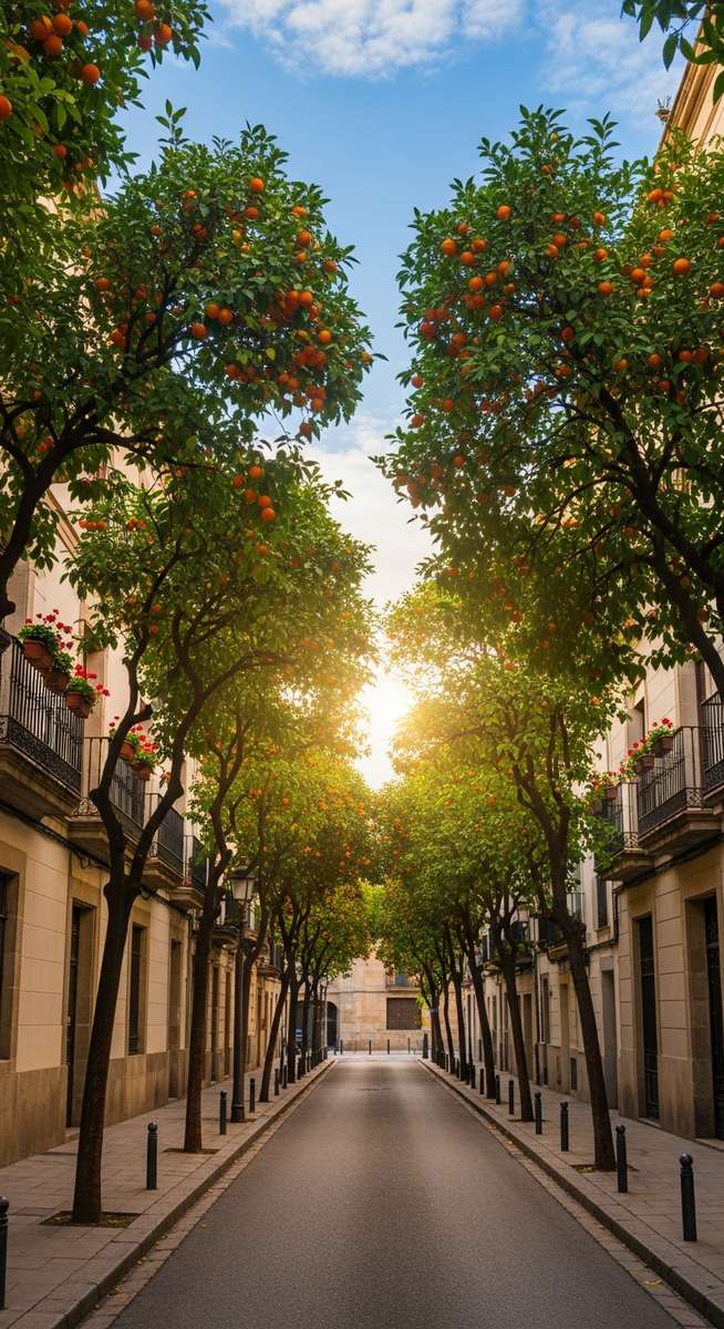 an orange tree-lined street in Barcelona