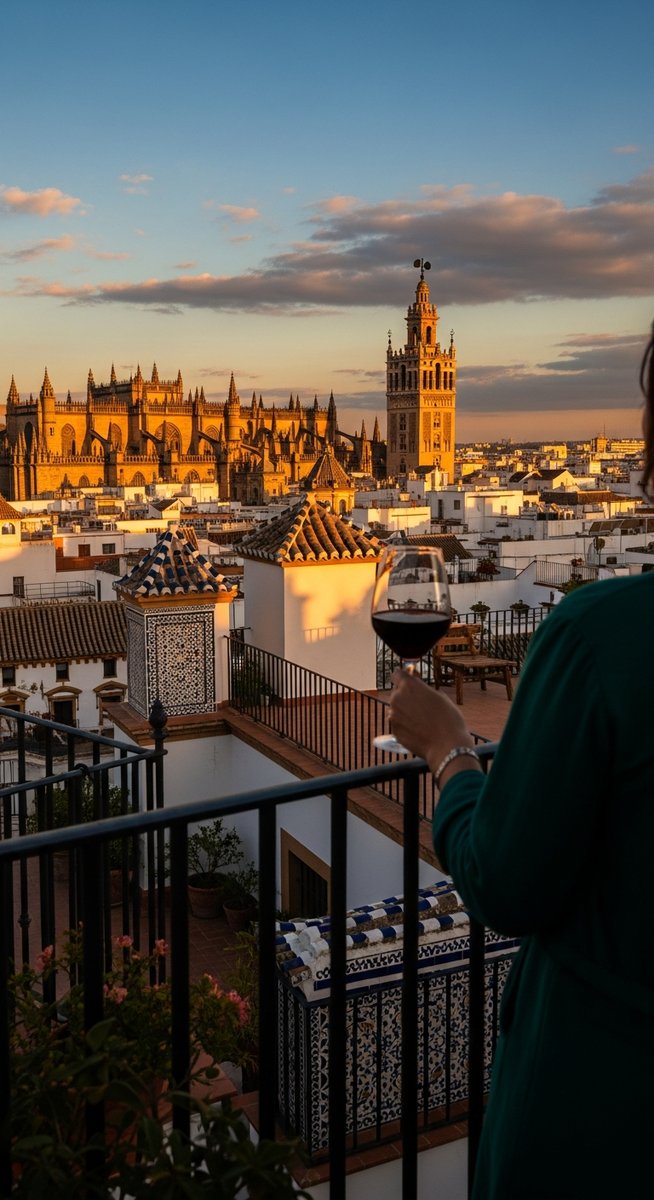 a traveller on a rooftop terrace in Spain at sunset in Barcelona