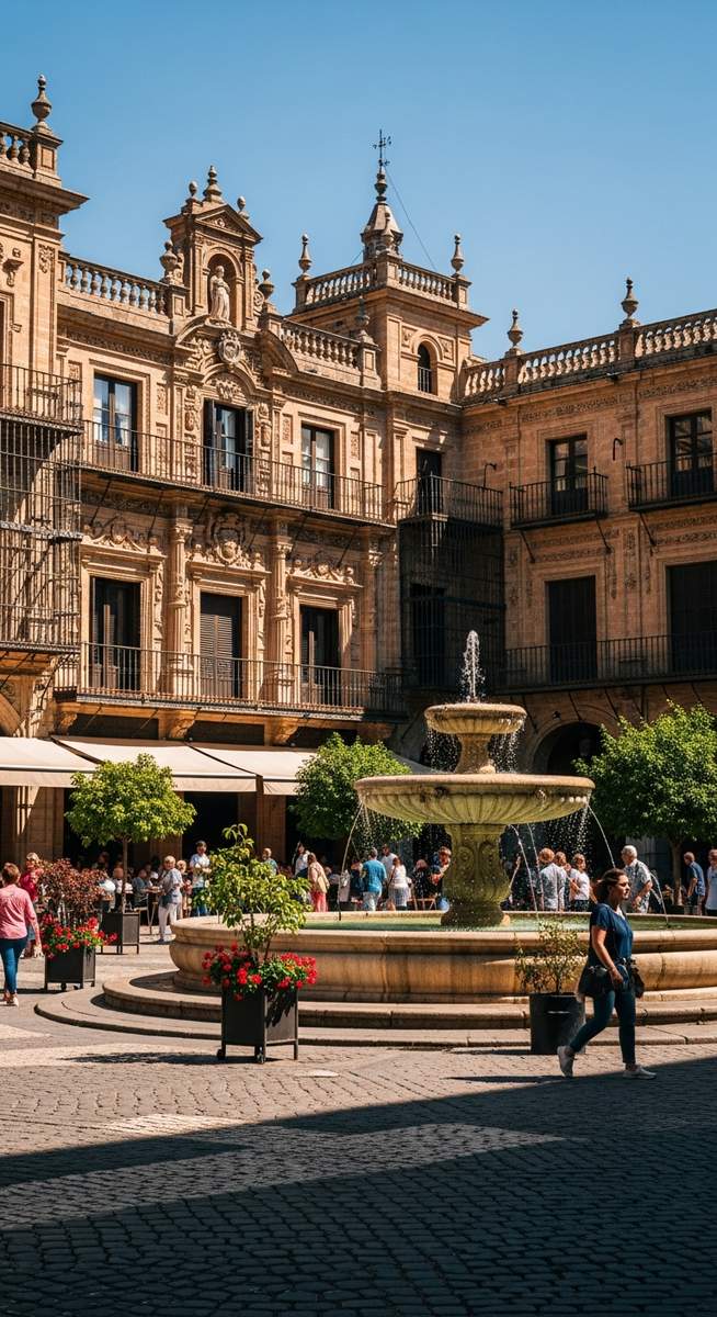 a Spanish plaza at midday with ornate architecture