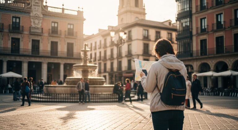 a traveller looking at a map in a Spanish city plaza in Barcelona