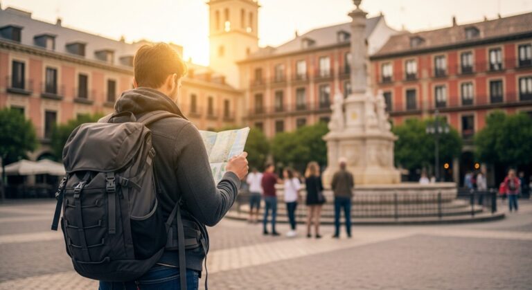 a traveller looking at a map in a Spanish city plaza in Valencia