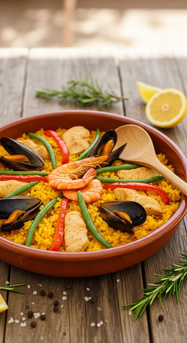 a bowl of paella valenciana in a terracotta dish
