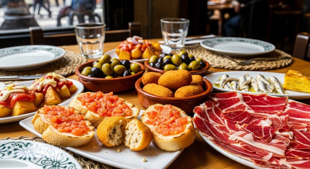 a spread of Spanish tapas on a restaurant table in Barcelona