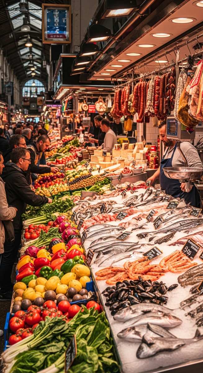 a Barcelona food market with colourful stalls