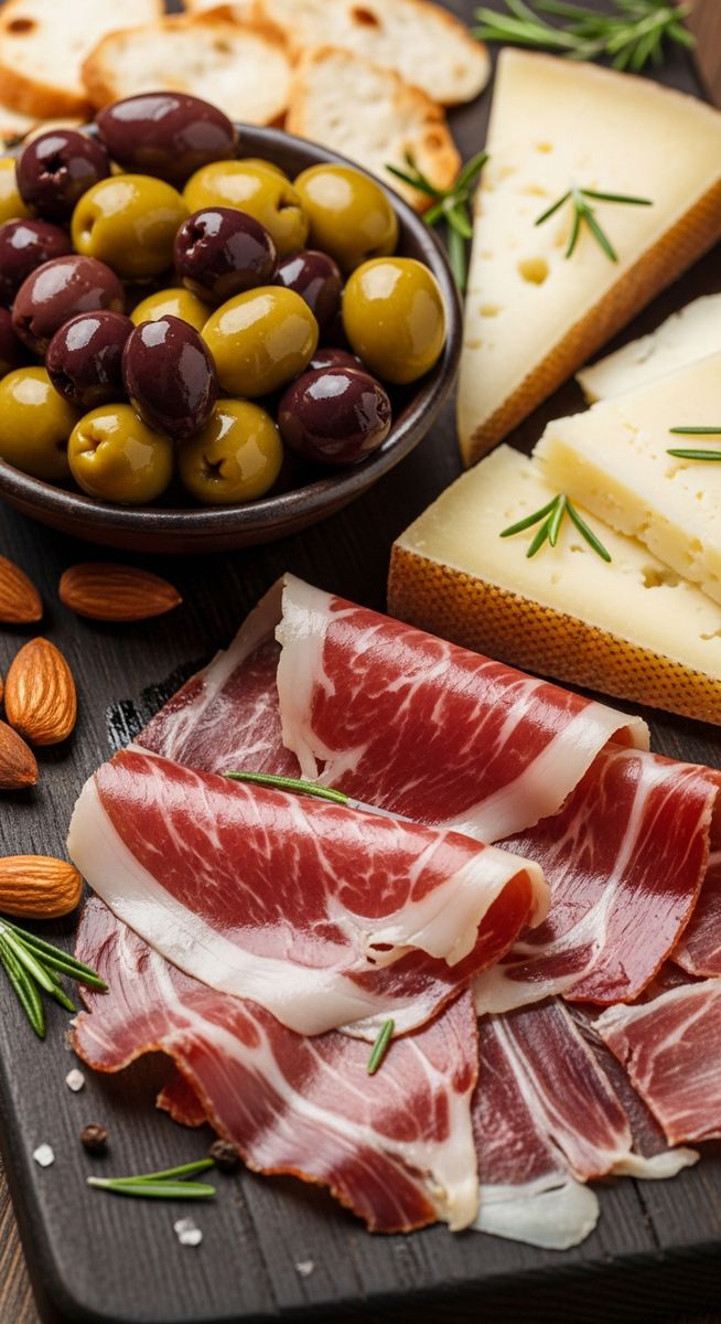 Spanish charcuterie on a wooden board in Barcelona