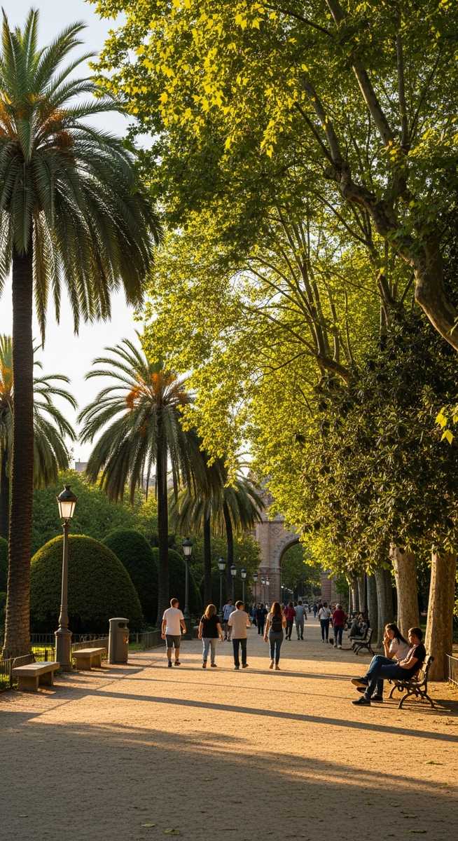 a Barcelona park with lush trees and people walking