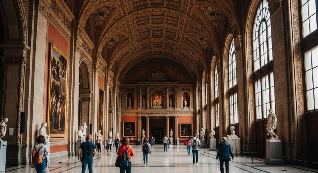 a grand museum interior in Barcelona with visitors
