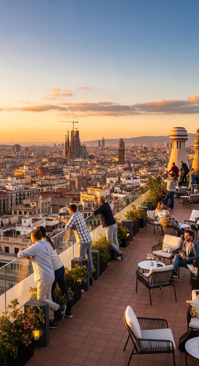 a rooftop terrace in Barcelona with panoramic views