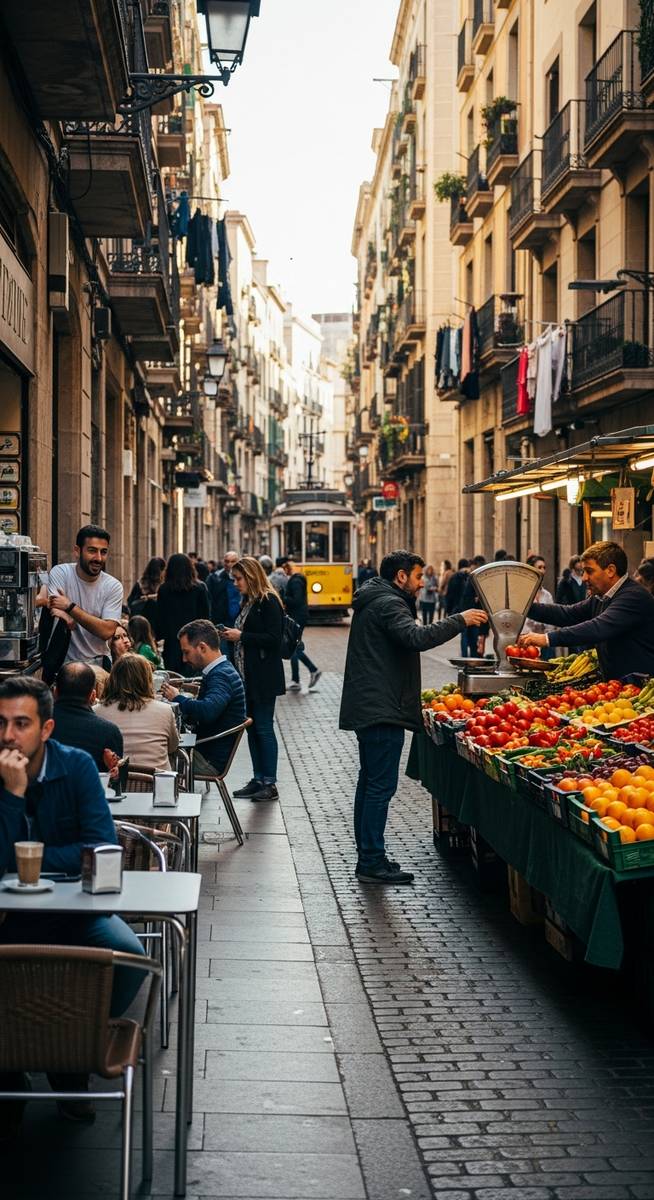 a lively Barcelona street scene showing everyday life