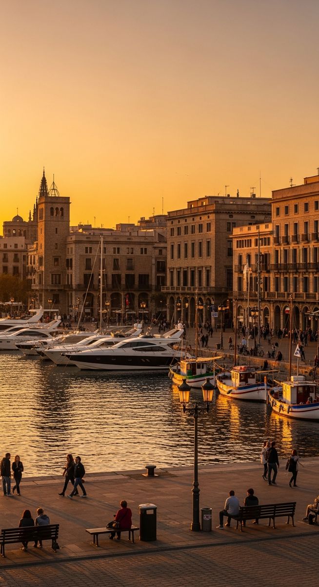 a Barcelona plaza at golden hour