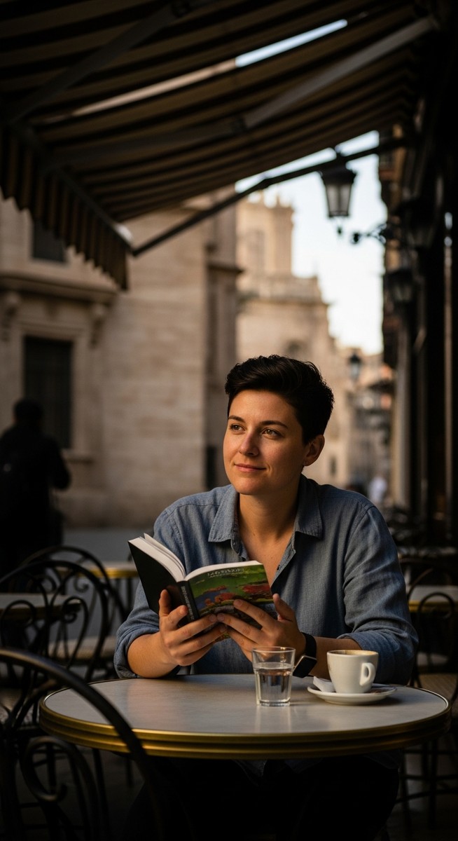 a person at an outdoor cafe in Valencia with a guidebook