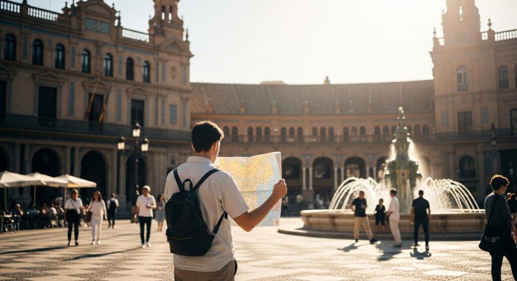 a traveller looking at a map in a sunny Spanish plaza in Valencia