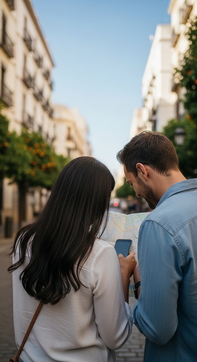 a couple looking at a map together in Valencia