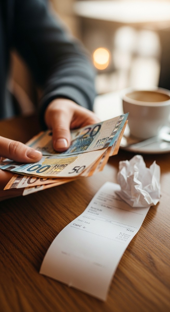 hands holding euro notes next to a cafe receipt in Valencia